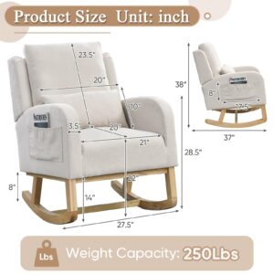 Rocking Glider Chair for Nursery, Wingback Accent Rocker Chair Upholstered Tall Back Arm Chair w/Side Pockets, Modern Leisure Single Sofa for Living Room, Hotel, Bedroom, Baby Room, Beige