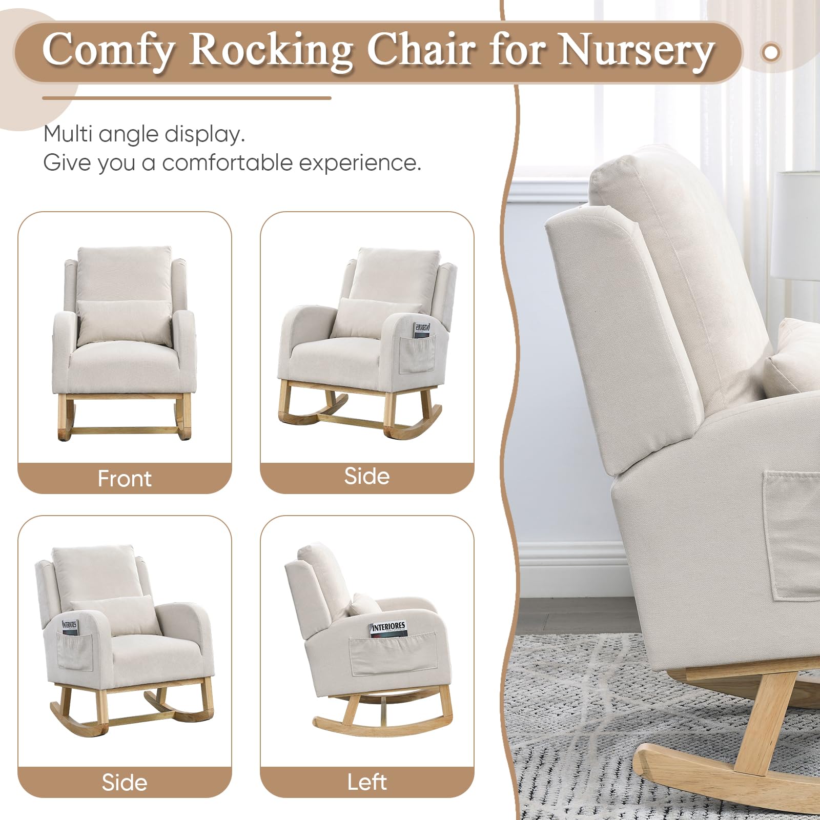 Rocking Glider Chair for Nursery, Wingback Accent Rocker Chair Upholstered Tall Back Arm Chair w/Side Pockets, Modern Leisure Single Sofa for Living Room, Hotel, Bedroom, Baby Room, Beige