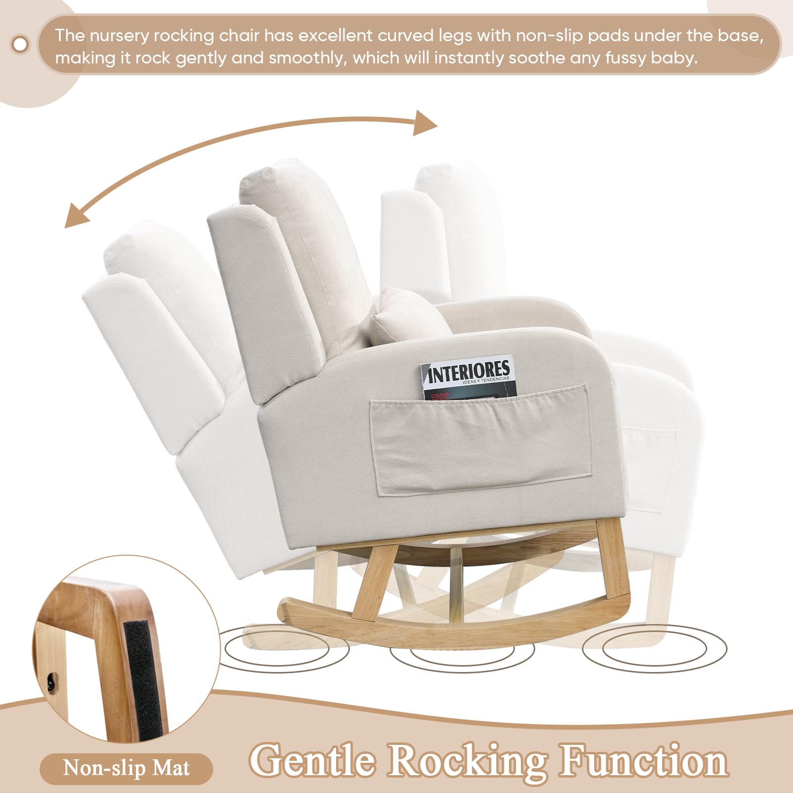 Rocking Glider Chair for Nursery, Wingback Accent Rocker Chair Upholstered Tall Back Arm Chair w/Side Pockets, Modern Leisure Single Sofa for Living Room, Hotel, Bedroom, Baby Room, Beige