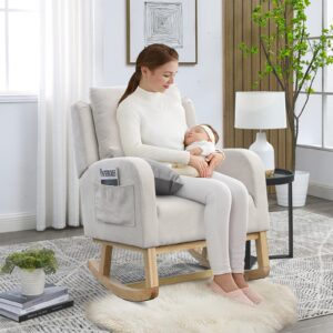 Rocking Glider Chair for Nursery, Wingback Accent Rocker Chair Upholstered Tall Back Arm Chair w/Side Pockets, Modern Leisure Single Sofa for Living Room, Hotel, Bedroom, Baby Room, Beige