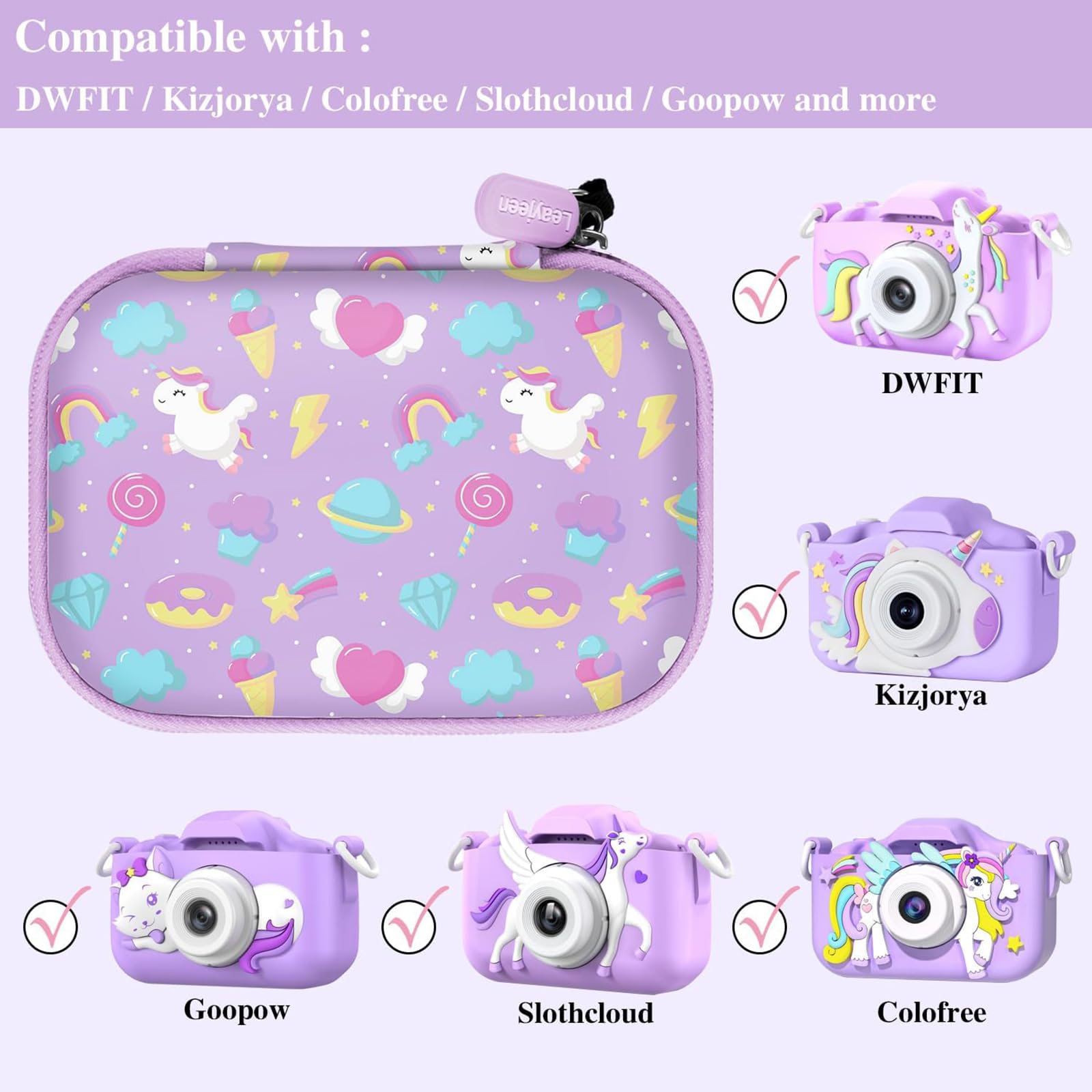 Leayjeen Kids Camera Case Compatible with Goopow/Dwfit/Slothcloud/Colofree/KIZJORYA Kids Camera Toys and Children Digital Video Camera,Best Easter Birthday Festival Gift-Purple Unicorn(Case Only)