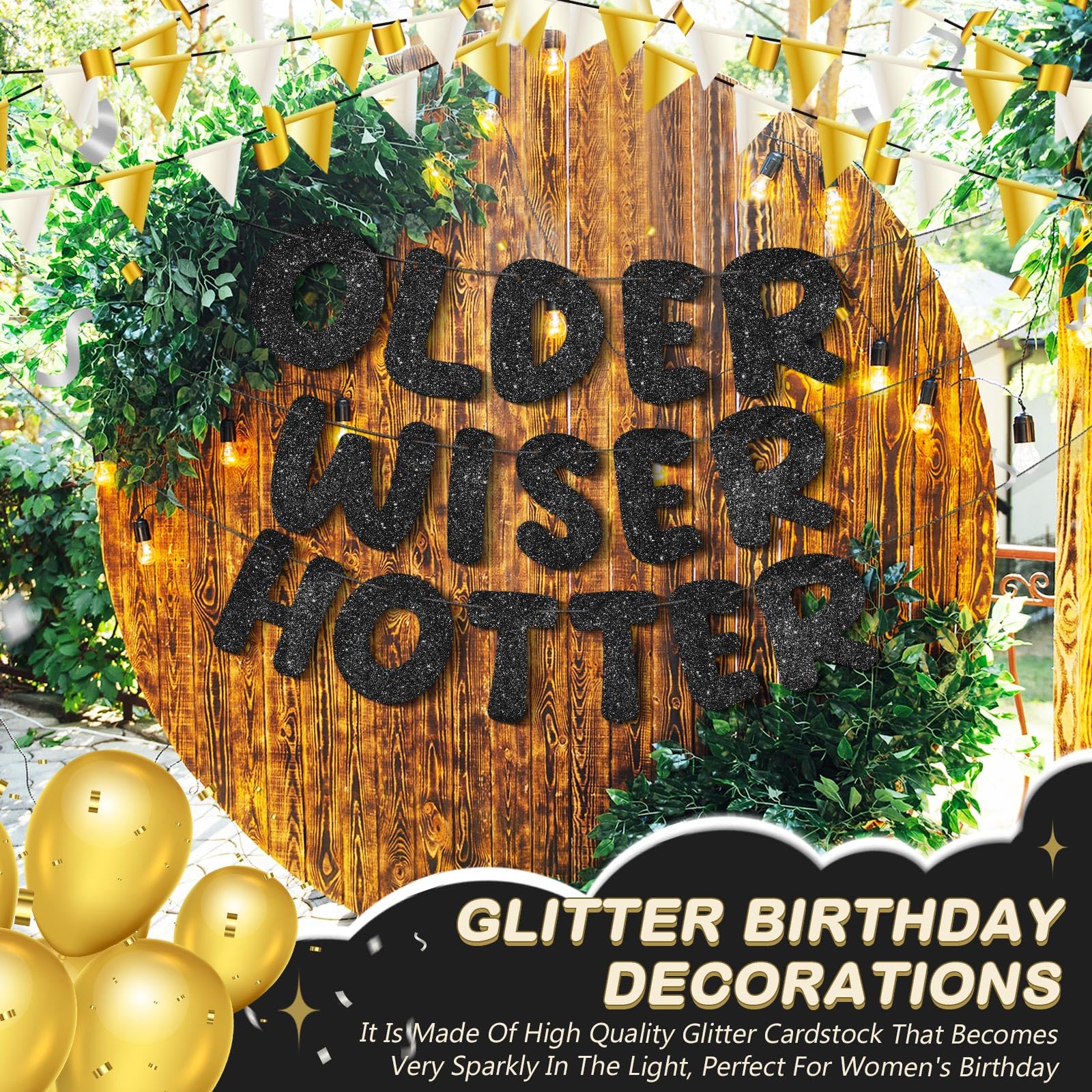 Fulmoon Set of 3 Pre Strung Older Wiser Hotter Glitter Banner Funny Birthday Banner for Women 30th 40th 50th 60th 70th 80th Birthday Party Decorations Birthday Sign Birthday Gift (Black)