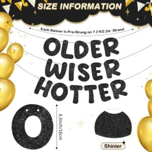 Fulmoon Set of 3 Pre Strung Older Wiser Hotter Glitter Banner Funny Birthday Banner for Women 30th 40th 50th 60th 70th 80th Birthday Party Decorations Birthday Sign Birthday Gift (Black)