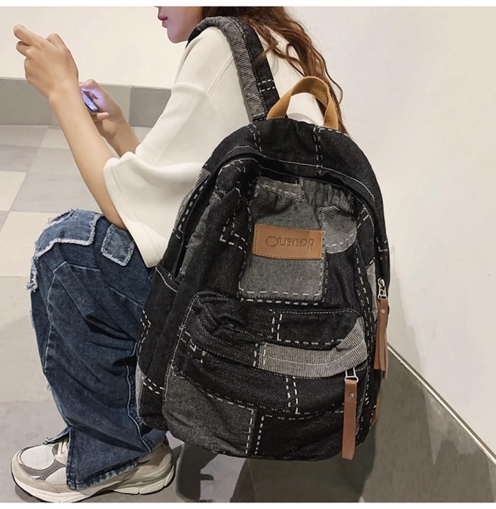 JHTPSLR Preppy Backpack Denim Patch Backpack Vintage Aesthetic Backpack Cowboy Backpack Cool Street Backpack Book Bags Supplies (Black)