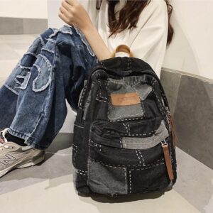 JHTPSLR Preppy Backpack Denim Patch Backpack Vintage Aesthetic Backpack Cowboy Backpack Cool Street Backpack Book Bags Supplies (Black)