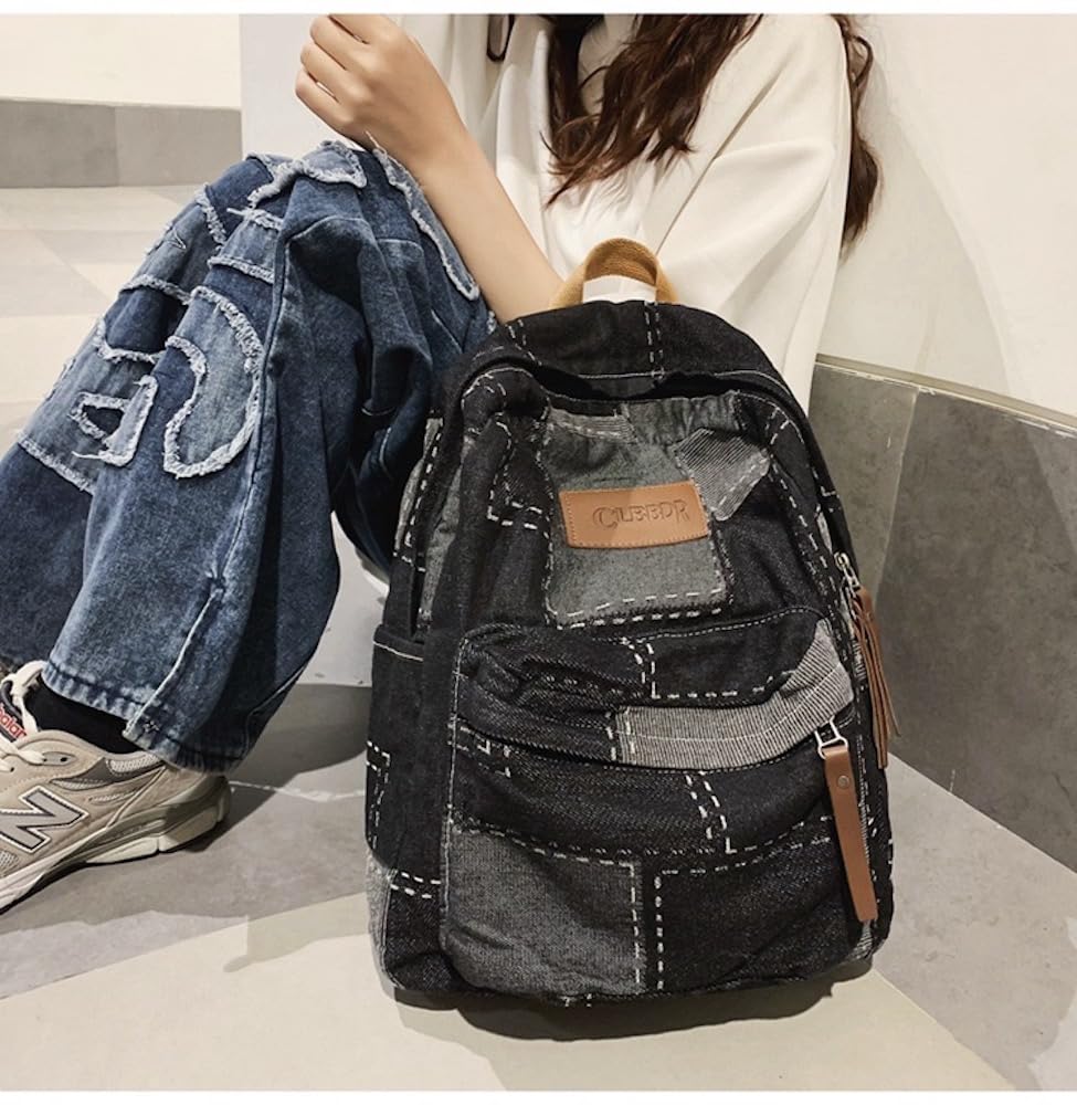 JHTPSLR Preppy Backpack Denim Patch Backpack Vintage Aesthetic Backpack Cowboy Backpack Cool Street Backpack Book Bags Supplies (Black)