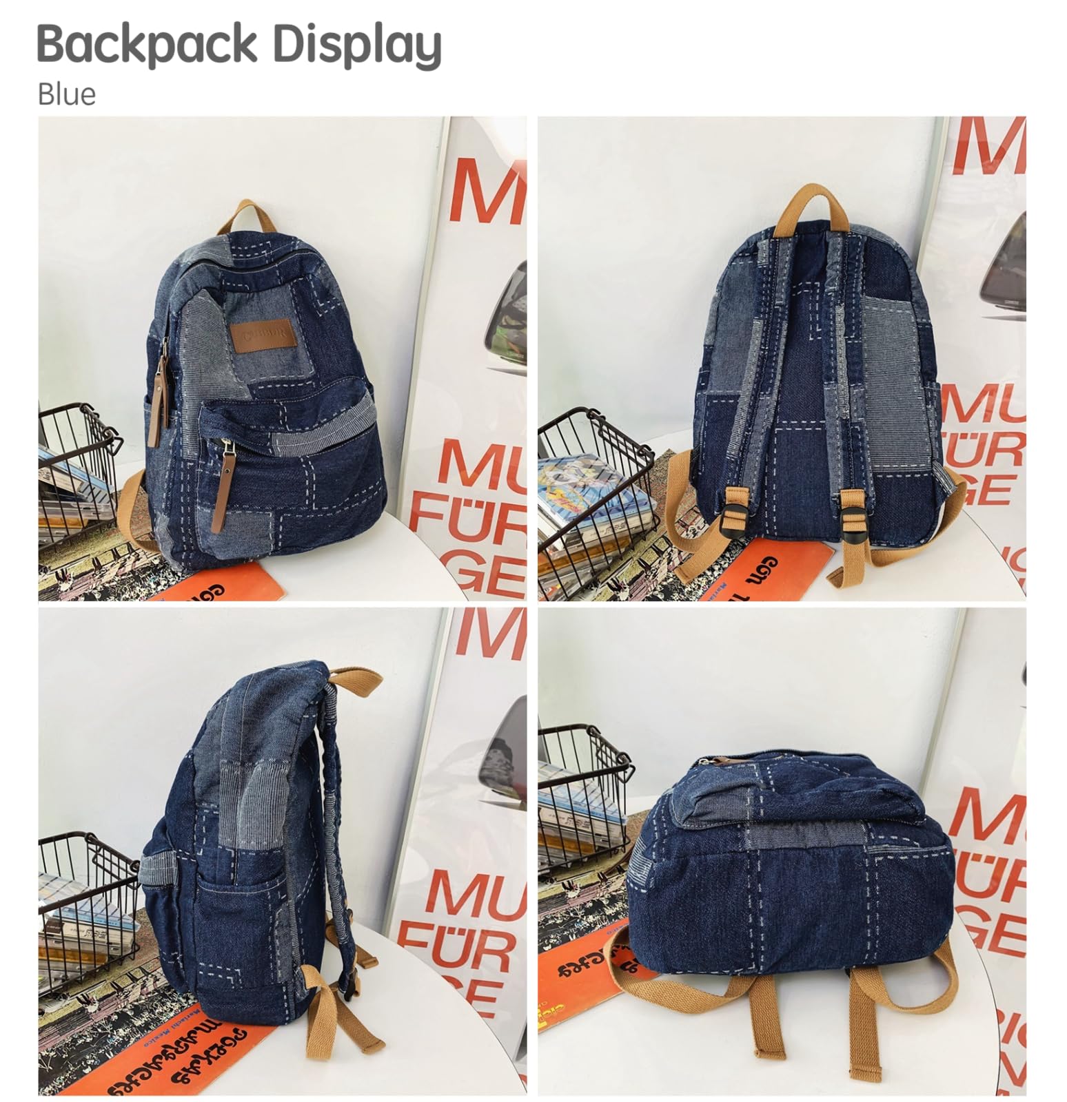 JHTPSLR Preppy Backpack Denim Patch Backpack Vintage Aesthetic Backpack Cowboy Backpack Cool Street Backpack Book Bags Supplies (Black)