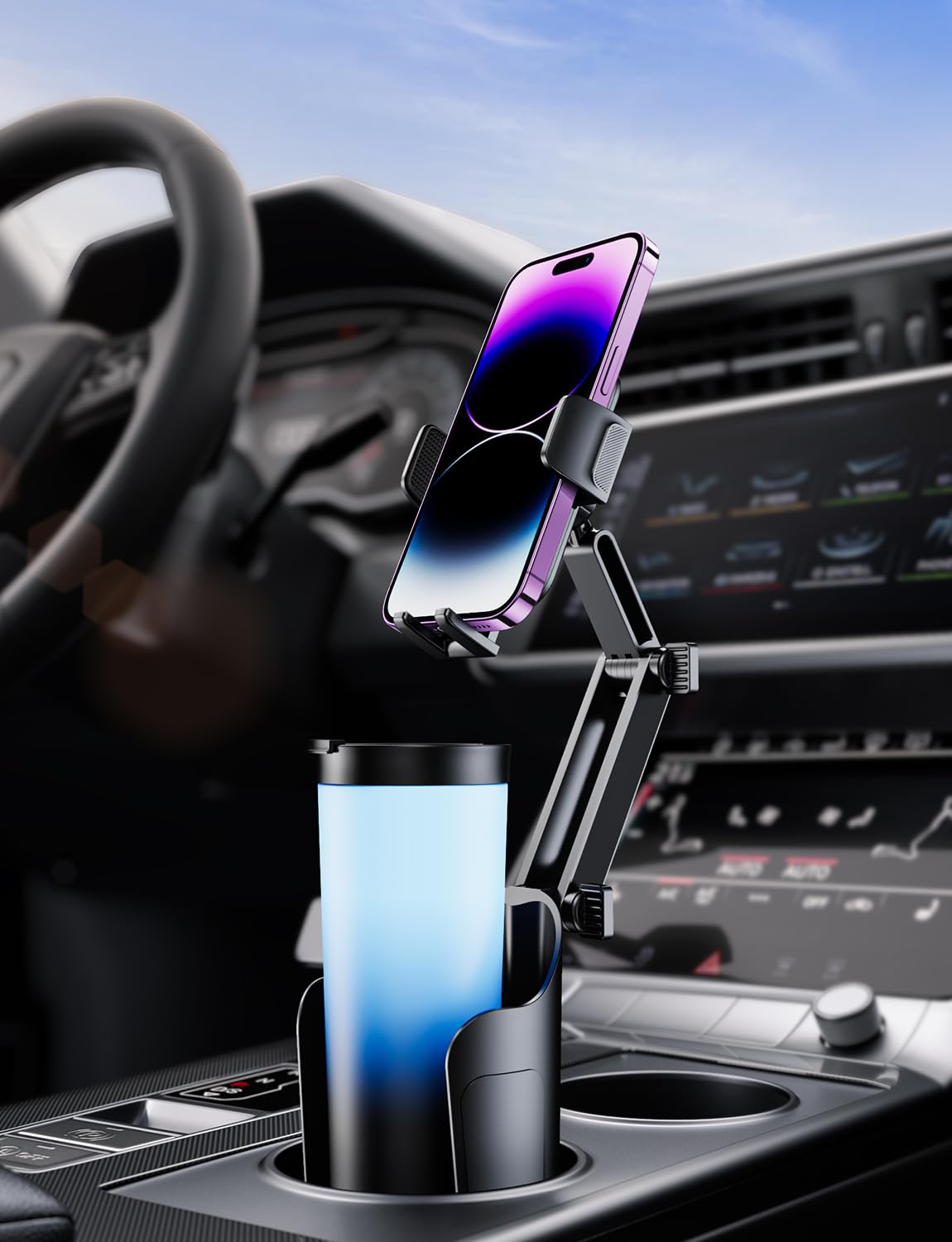 Car Cup Holder Phone Mount: [Bottle Friendly] Car Cell Phones Cup Stand Expander with Height Adjustable Arm Fit for Truck | SUV | Automobile Compatible with iPhone & Samsung & Android Smartphones