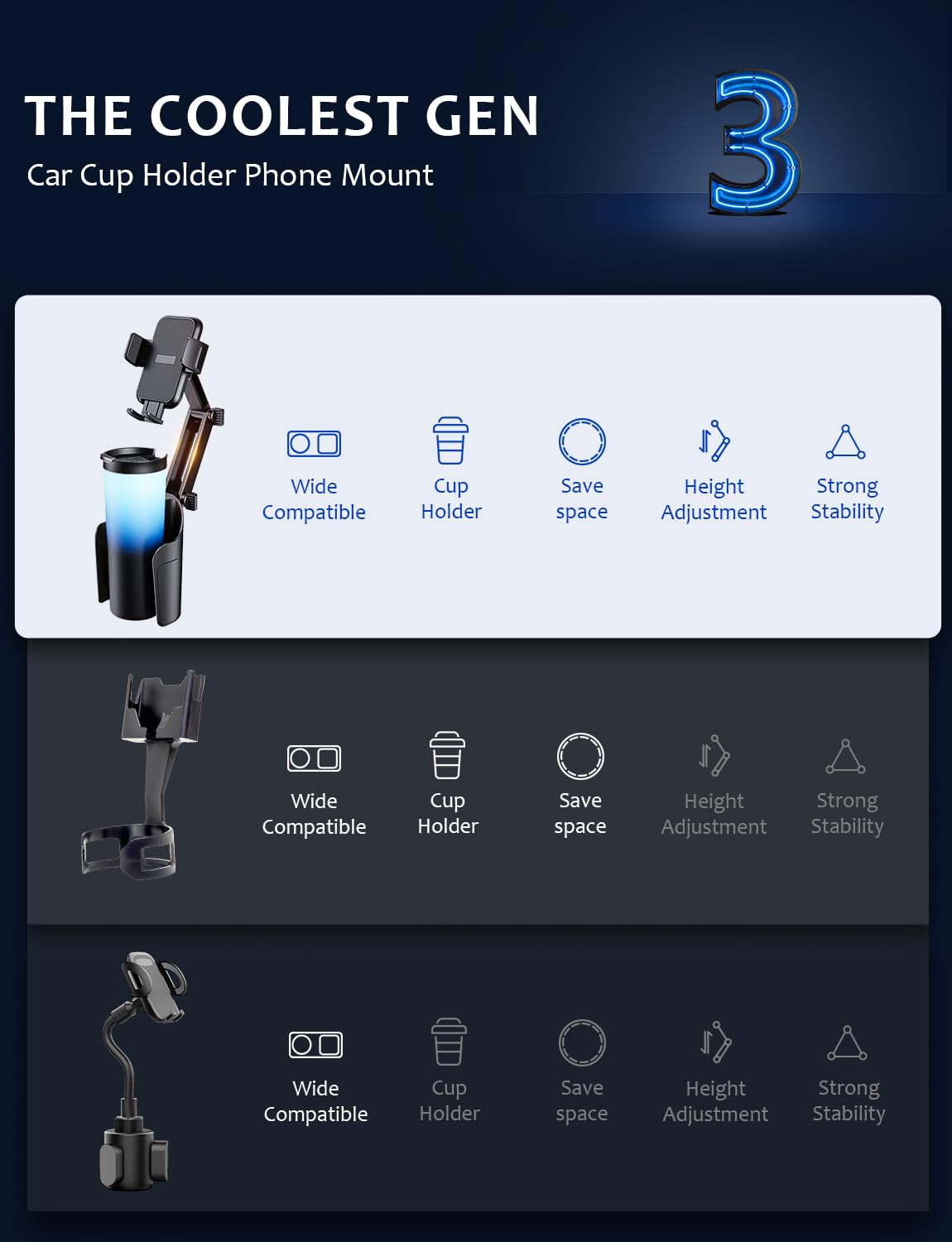 Car Cup Holder Phone Mount: [Bottle Friendly] Car Cell Phones Cup Stand Expander with Height Adjustable Arm Fit for Truck | SUV | Automobile Compatible with iPhone & Samsung & Android Smartphones