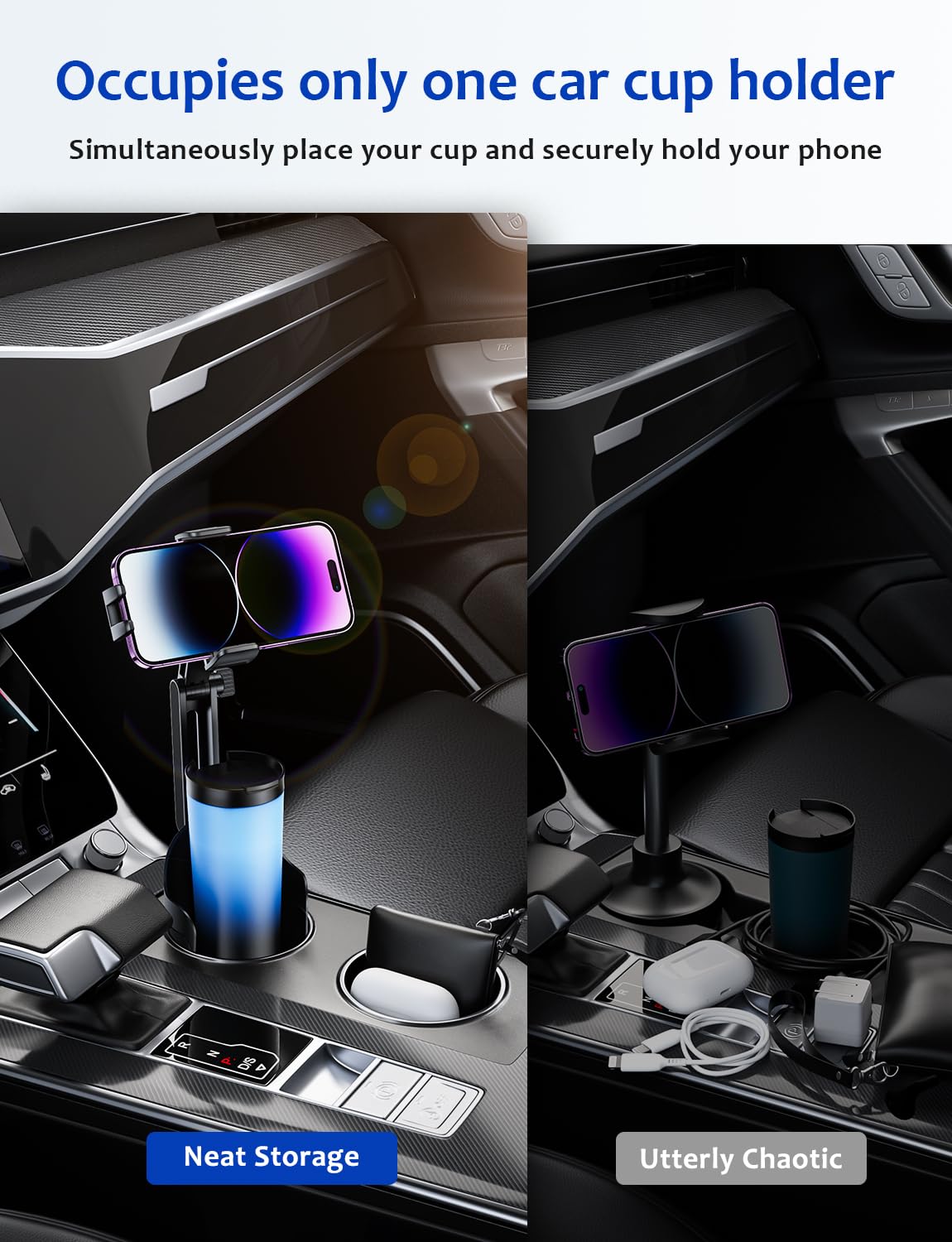 Car Cup Holder Phone Mount: [Bottle Friendly] Car Cell Phones Cup Stand Expander with Height Adjustable Arm Fit for Truck | SUV | Automobile Compatible with iPhone & Samsung & Android Smartphones