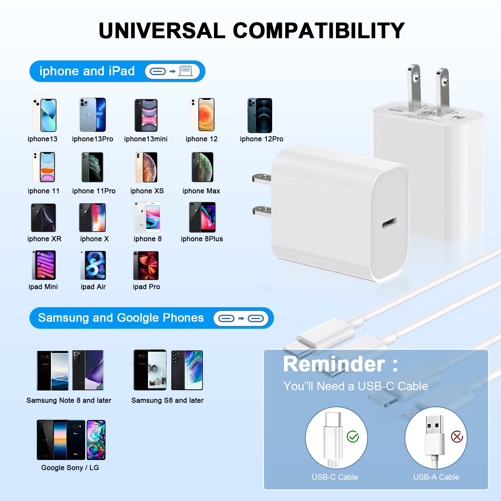 Phone 12 13 14 Fast Charger,[MFi Certified] 2Pack 20W Phone Charger Fast Charging Block Adapter with 10FT USB-C to Lightning Data Sync Charging Cord for iPhone 14 13 12 11 Pro Max Xs Xr X 8