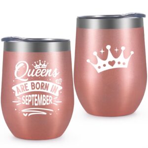 lifecapido birthday gifts for women, queens are born in september birthday wine tumbler 12oz, september birthday gift libra gift virgo gift horoscope gift for mom, her, wife, sister, friend, rose gold