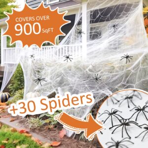 Aubeco 900 sqft Halloween Spider Webs with 30 Extra Fake Spiders, Outside Scary Decor, Super Stretchy Cobwebs Set for Halloween Decor Indoor and Outdoor Party Supplies