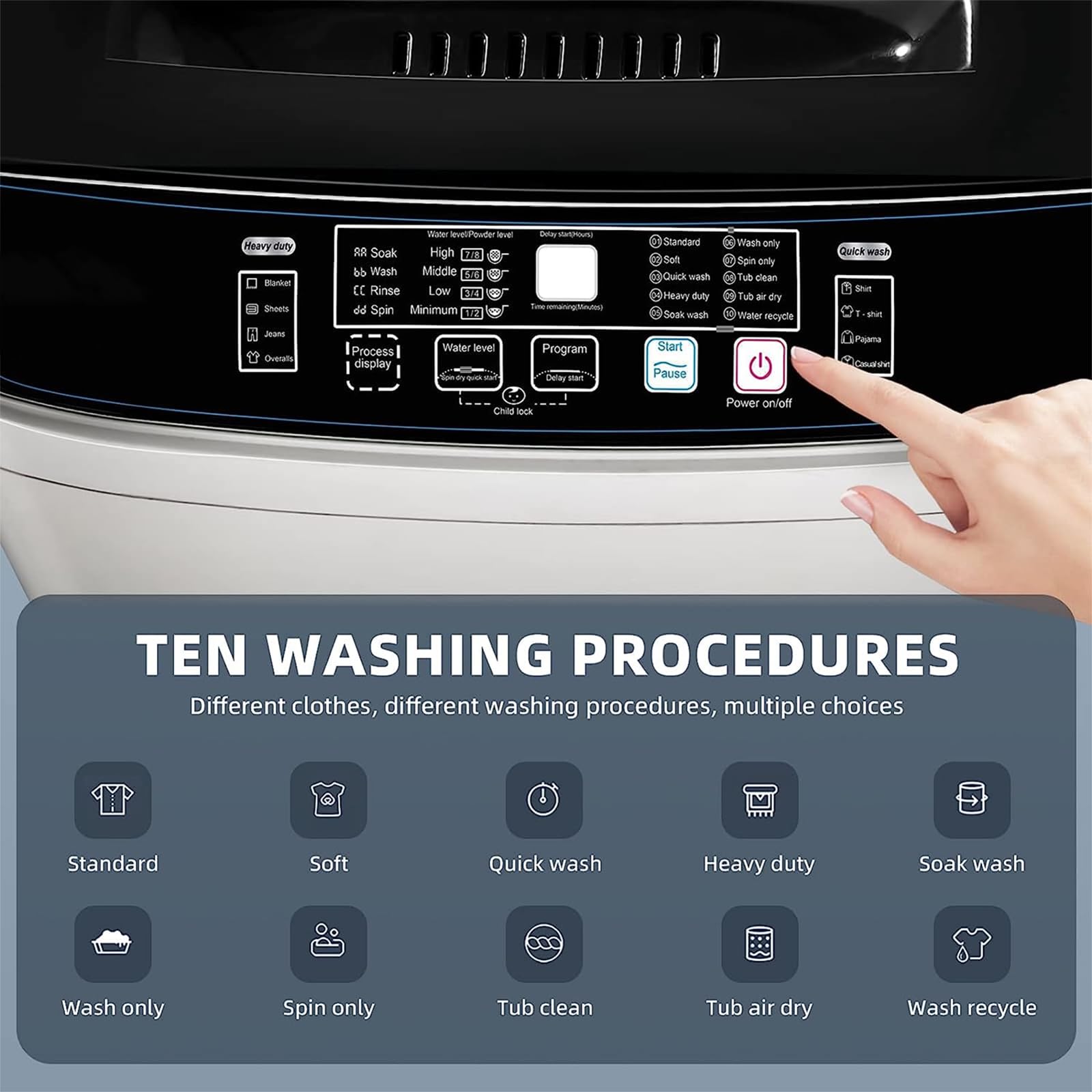 OOTDAY 15.6lbs Small Portable Washer, 2.3 Cu.ft Full Automatic Washing Machine with LED Display, with Drain Pump/10 Programs 8 Water Level Selections, Transparent Lid & LED Display