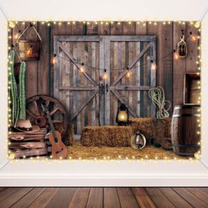 Moukeren Western Party Backdrop Western Cowboy Party Decoration Supply Wild West Decor Wooden House Barn Photo Background for Kids Children Boy Baby Photo Birthday Banner Rustic Booth(6.6 x 9.2 Ft)