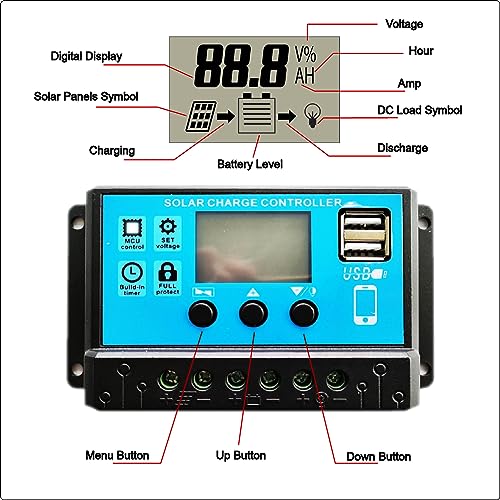 30A PWM Solar Charge Controller 12V 24V Battery Detect Voltage Cheap Regulator 5V USB Port Phone Charger Mini Offgrid System Pulse Width Modulation Controller Auto Timer DC Load Module