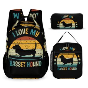 basset hound pattern 3pcs backpack with lunch box and pencil case