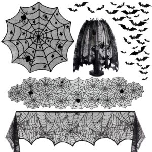 5 pack halloween decorations indoor set halloween spider web tablecloth round & table runners fireplace mantel scarf cobweb lampshade scary 3d bats for halloween spooky home decor