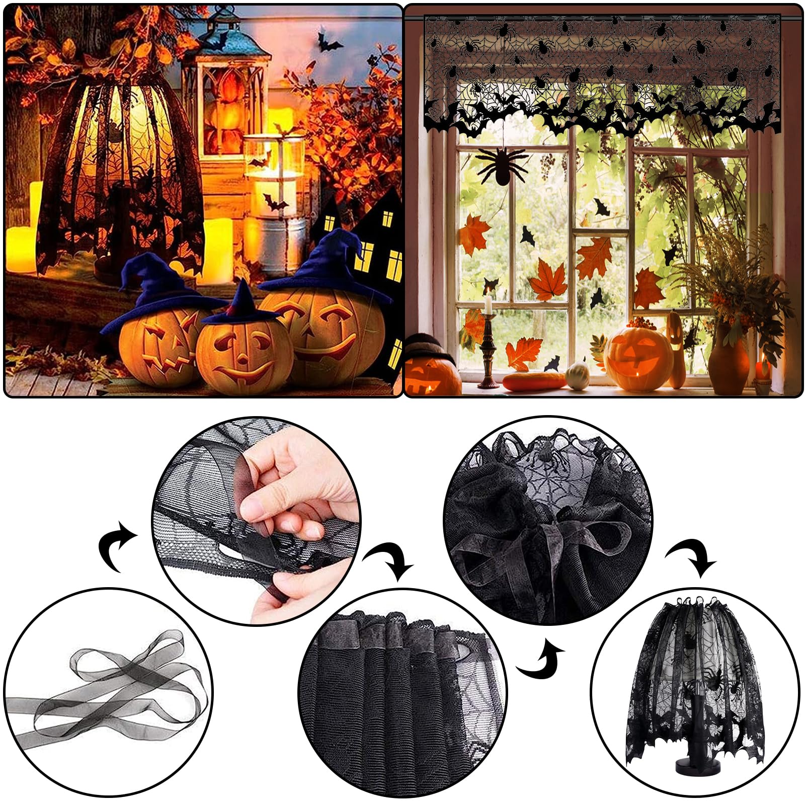 5 Pack Halloween Decorations Indoor Set Halloween Spider Web Tablecloth Round & Table Runners Fireplace Mantel Scarf Cobweb Lampshade Scary 3D Bats for Halloween Spooky Home Decor