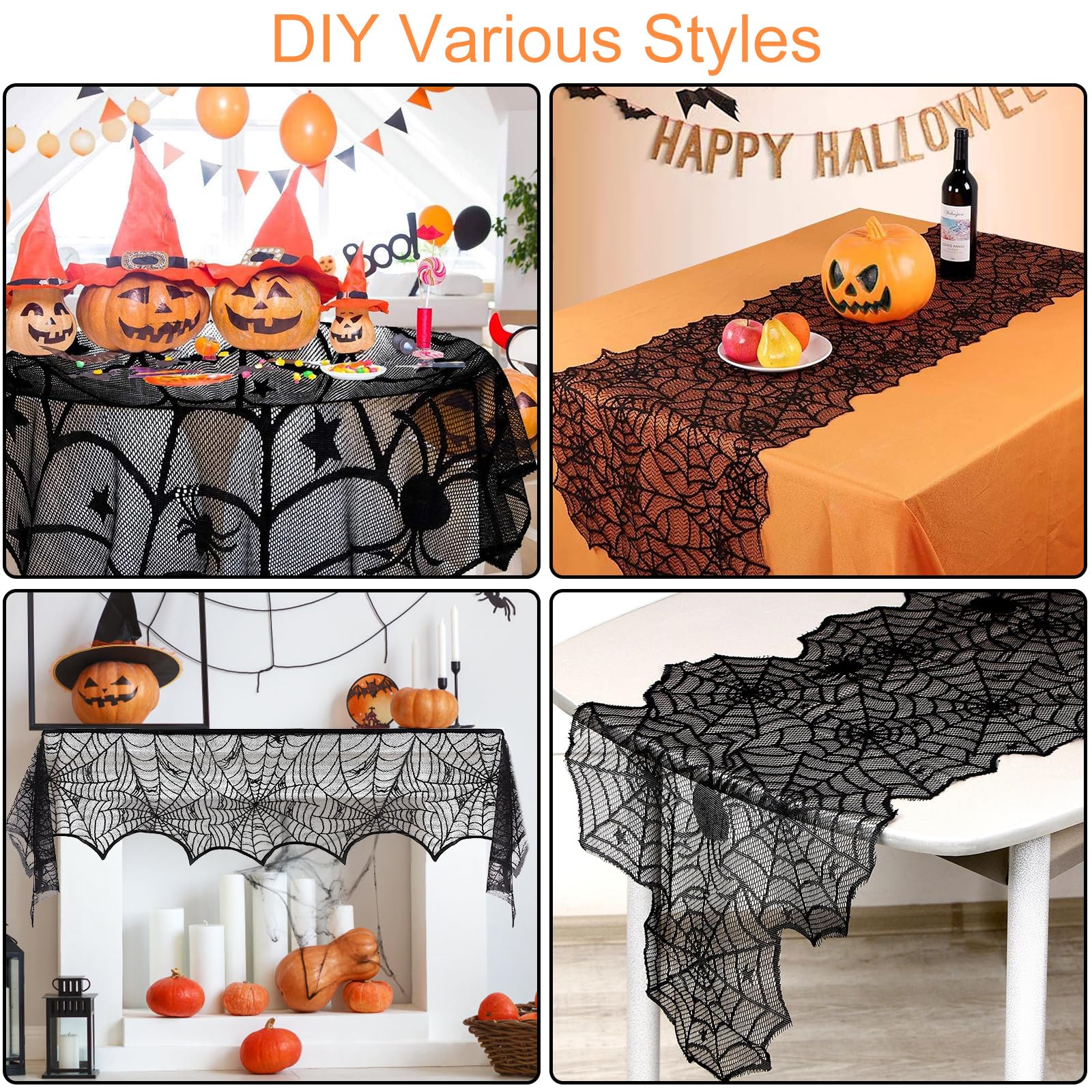 5 Pack Halloween Decorations Indoor Set Halloween Spider Web Tablecloth Round & Table Runners Fireplace Mantel Scarf Cobweb Lampshade Scary 3D Bats for Halloween Spooky Home Decor