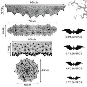 5 Pack Halloween Decorations Indoor Set Halloween Spider Web Tablecloth Round & Table Runners Fireplace Mantel Scarf Cobweb Lampshade Scary 3D Bats for Halloween Spooky Home Decor