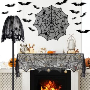 5 Pack Halloween Decorations Indoor Set Halloween Spider Web Tablecloth Round & Table Runners Fireplace Mantel Scarf Cobweb Lampshade Scary 3D Bats for Halloween Spooky Home Decor