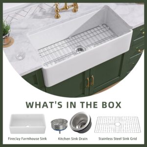 TUKTUK White Farmhouse Sink 30 Inch Farm Sink Fireclay Apron Front Single Bowl Kitchen Sinks Deep Drop In Undermount Kitchen Sink Luxury Bottom Grid & Strainer Drain Included