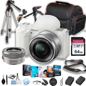 sony zv-e10 (white) mirrorless camera with 16-50mm lens + 64gb memory + case+ steady grip pod + tripod+ software pack + more (30pc bundle) (renewed)