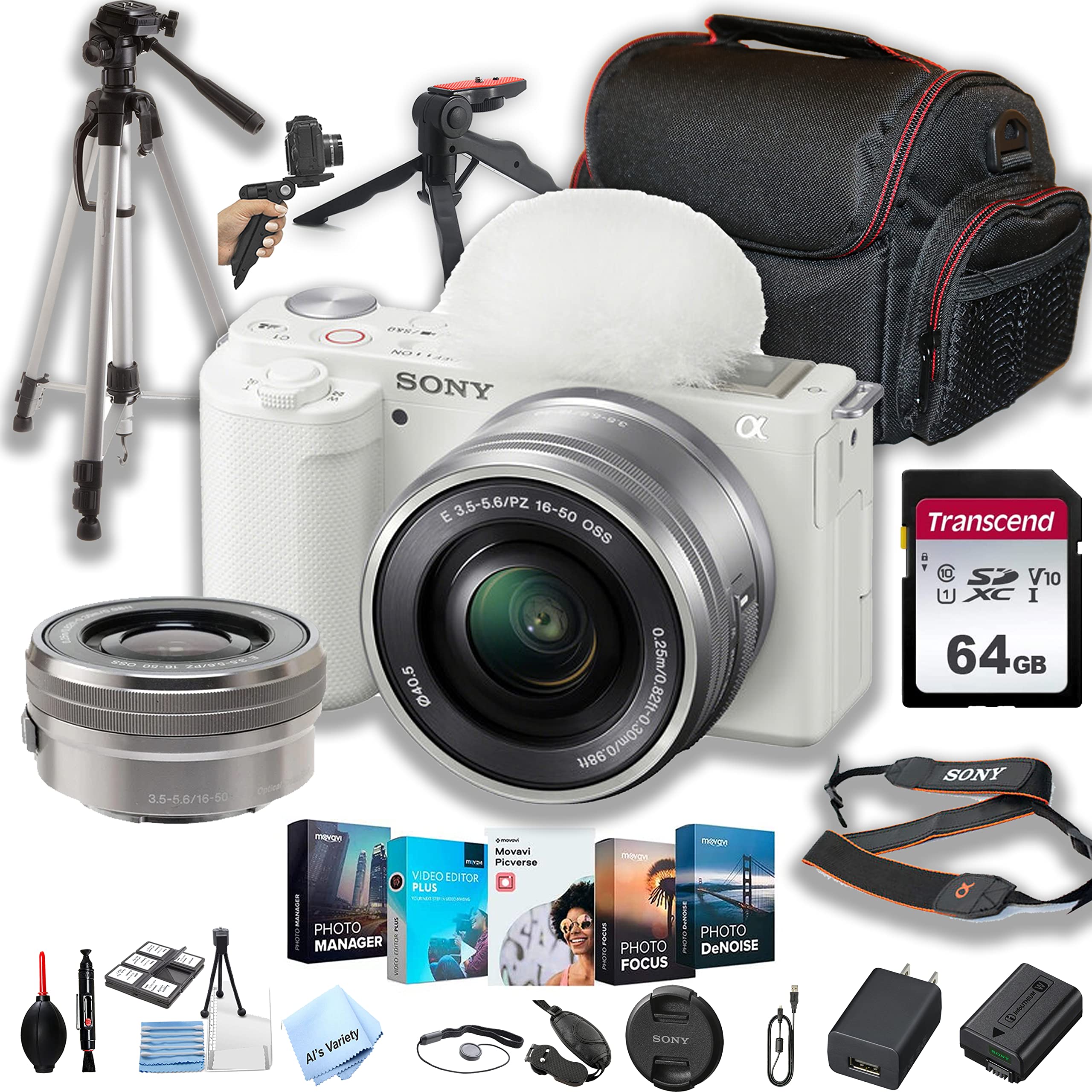 Sony ZV-E10 (White) Mirrorless Camera with 16-50mm Lens + 64GB Memory + Case+ Steady Grip Pod + Tripod+ Software Pack + More (30pc Bundle) (Renewed)