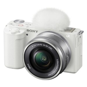 Sony ZV-E10 (White) Mirrorless Camera with 16-50mm Lens + 64GB Memory + Case+ Steady Grip Pod + Tripod+ Software Pack + More (30pc Bundle) (Renewed)