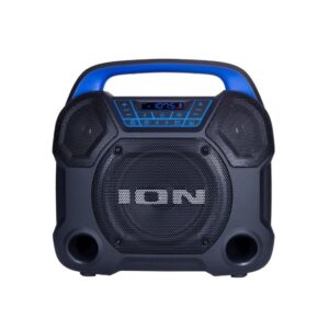ion explorer express outdoor party speaker with rechargeable battery, bluetooth and radio for birthday, pool party, bbq – premium wide sound, three speakers, usb charging & app (renewed)