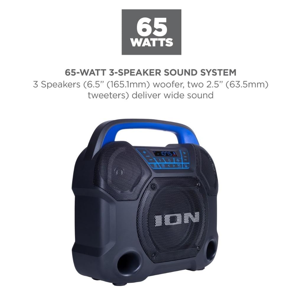 Ion Explorer Express Outdoor Party Speaker with Rechargeable Battery, Bluetooth and Radio for Birthday, Pool Party, BBQ – Premium Wide Sound, Three Speakers, USB Charging & App (Renewed)