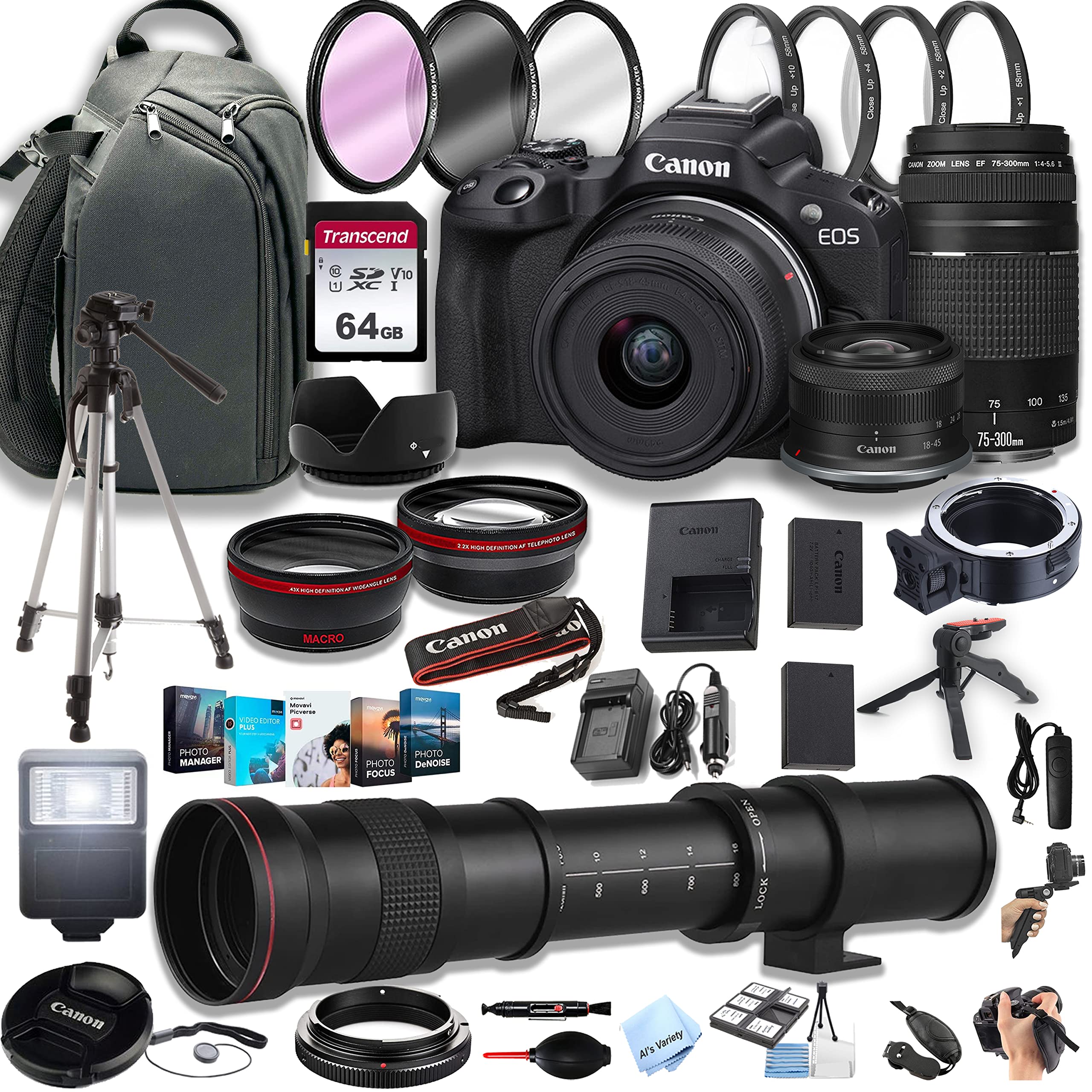 Canon EOS R50 Mirrorless Digital Camera with RF-S 18-45mm f/4.5-6.3 is STM Lens + 75-300mm F/4-5.6 III Lens + 420-800mm Super Telephoto Lens + 64GB Memory Cards, Professional Bundle (44pc) (Renewed)