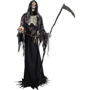 haunted hill farm motion-activated 7-ft. tall rotting reaper, plug-in talking scare prop animatronic for indoor or covered outdoor creepy halloween decoration
