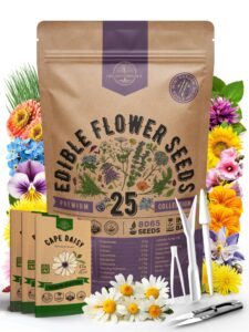 organo republic 25 edible flower seeds variety pack- indoor/outdoor. 8000+ non-gmo heirloom: anise, hyssop, nasturtium, pansy, echinacea, lavender, chives seeds & more