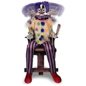 haunted hill farm motion-activated thrashing clown with a meat cleaver by tekky, sitting scare prop animatronic for indoor or covered outdoor creepy halloween decoration, plug-in or battery operated