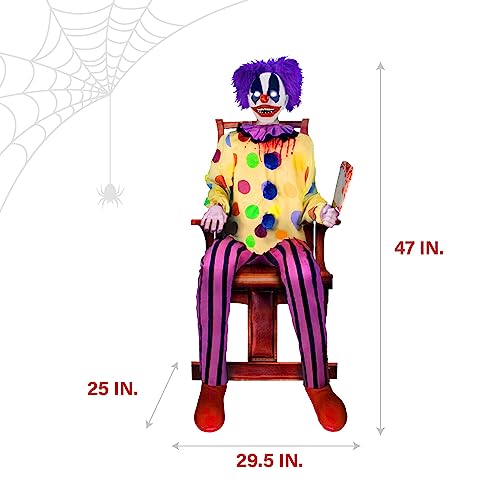 Haunted Hill Farm Motion-Activated Thrashing Clown with a Meat Cleaver by Tekky, Sitting Scare Prop Animatronic for Indoor or Covered Outdoor Creepy Halloween Decoration, Plug-in or Battery Operated