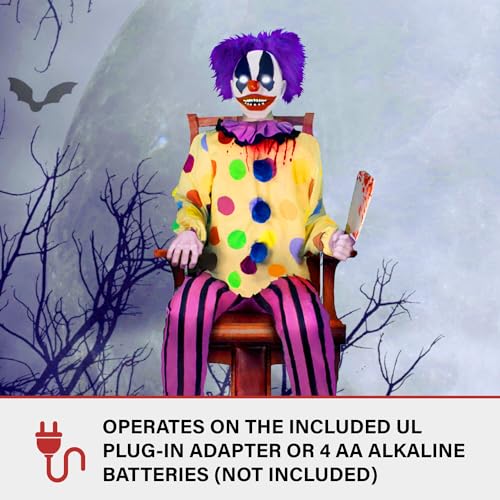 Haunted Hill Farm Motion-Activated Thrashing Clown with a Meat Cleaver by Tekky, Sitting Scare Prop Animatronic for Indoor or Covered Outdoor Creepy Halloween Decoration, Plug-in or Battery Operated