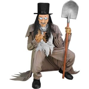 haunted hill farm motion-activated crouching grave digger by tekky, talking scare prop animatronic for indoor or covered outdoor creepy halloween decoration, plug-in or battery operated