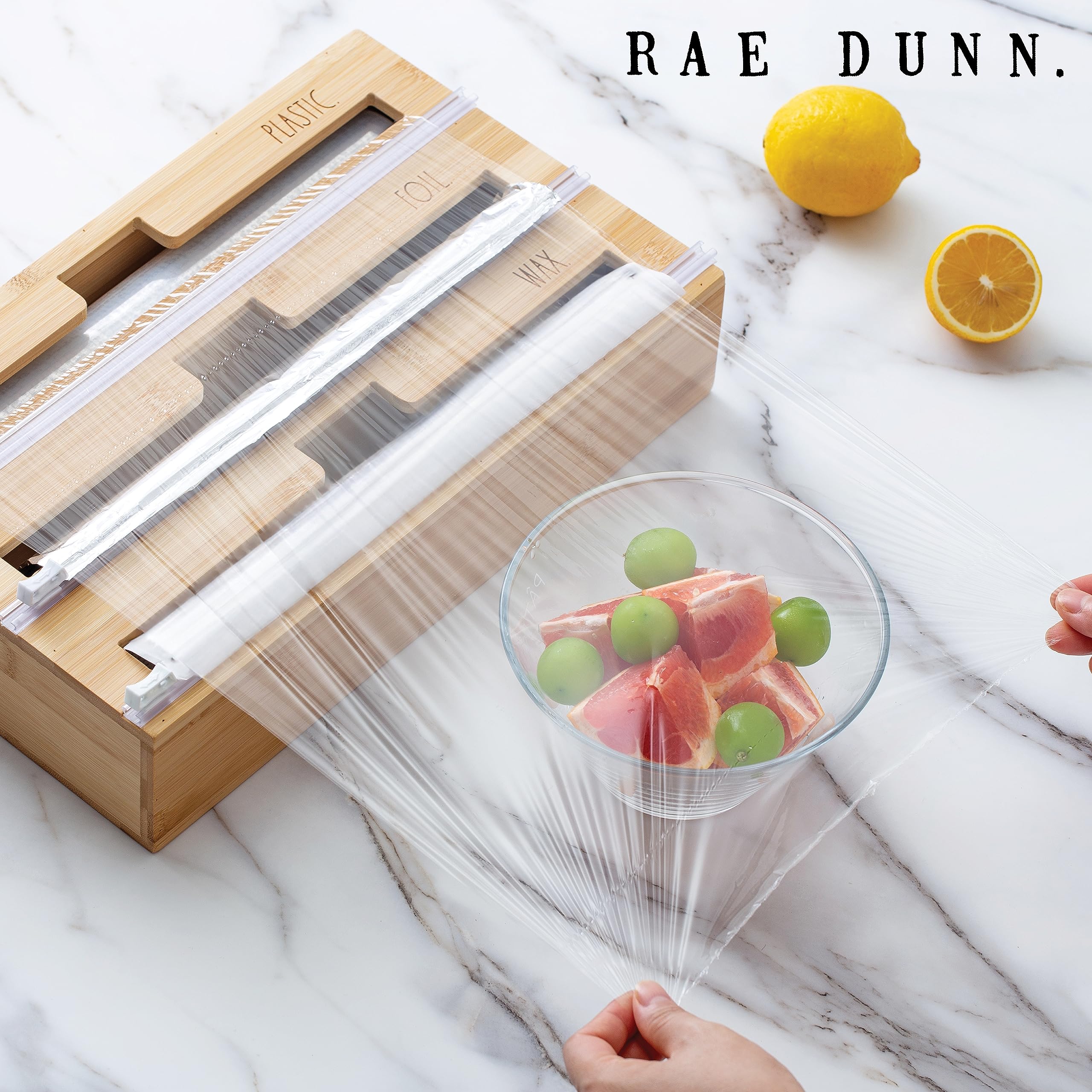 Rae Dunn 3 in 1 Wrap Organizer with Cutter, Plastic Wrap, Aluminum Foil and Wax Bamboo Dispenser for Kitchen Storage Organization Holder for 12" Roll