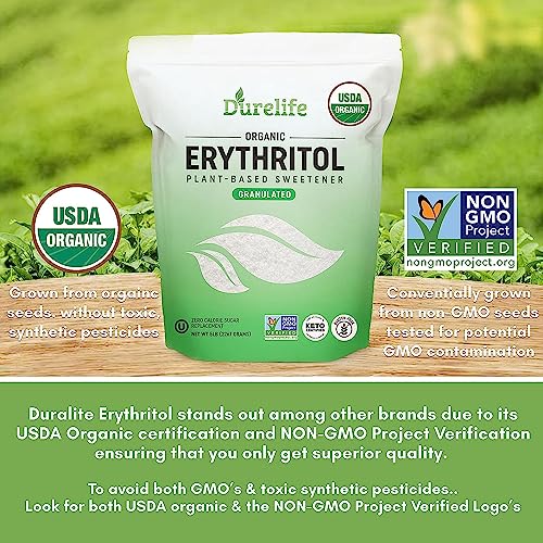 Durelife USDA organic erythritol sweetener, non gmo verified, Keto certified, No After Taste, Kosher, Zero Calorie Plant-Based Sugar Alternative (1, 5 LB (80 oz))