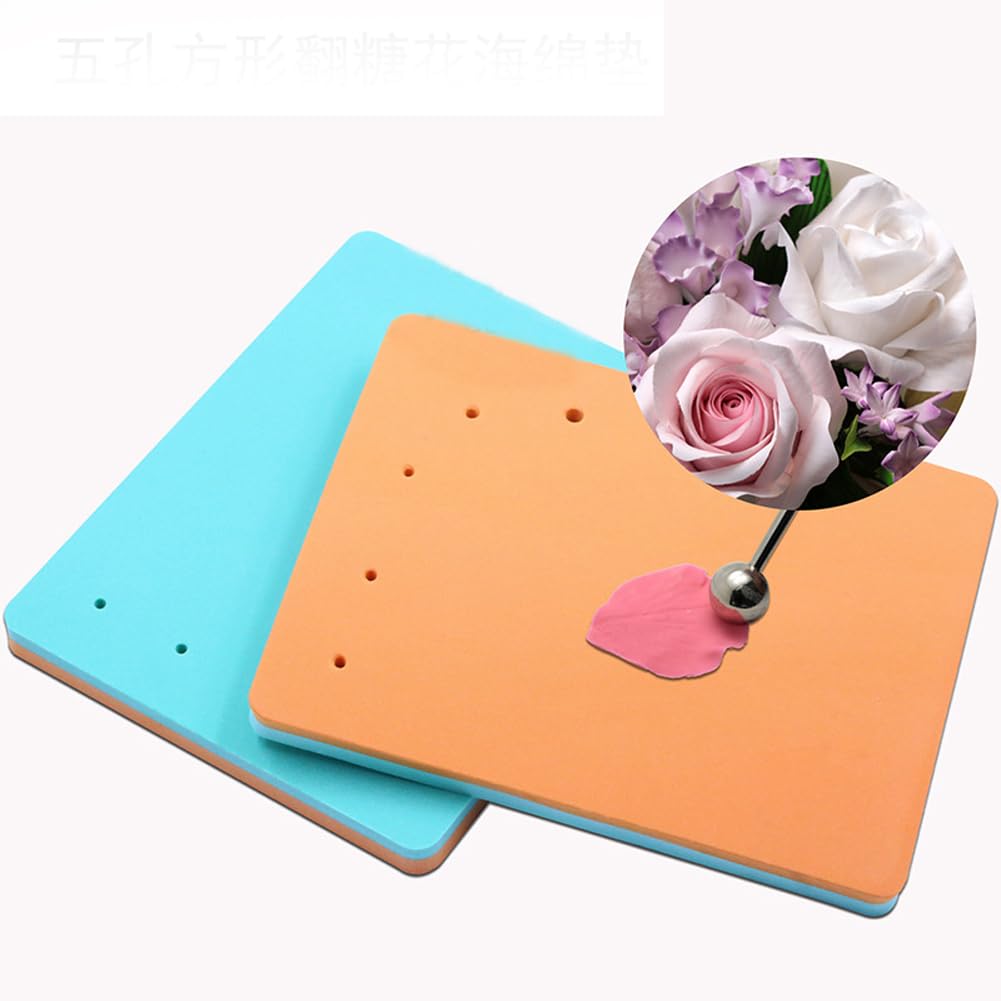 2Pcs Rectangle Fondant Foam Pad 5 Holes Sugar Flower Sponge Pad Mat Sugar Flower Fondant Gumpaste Chocolate Modelling Drying Pad Tray Tools for Baking Cake Decoration Sugarcraft DIY Clay, Random Color