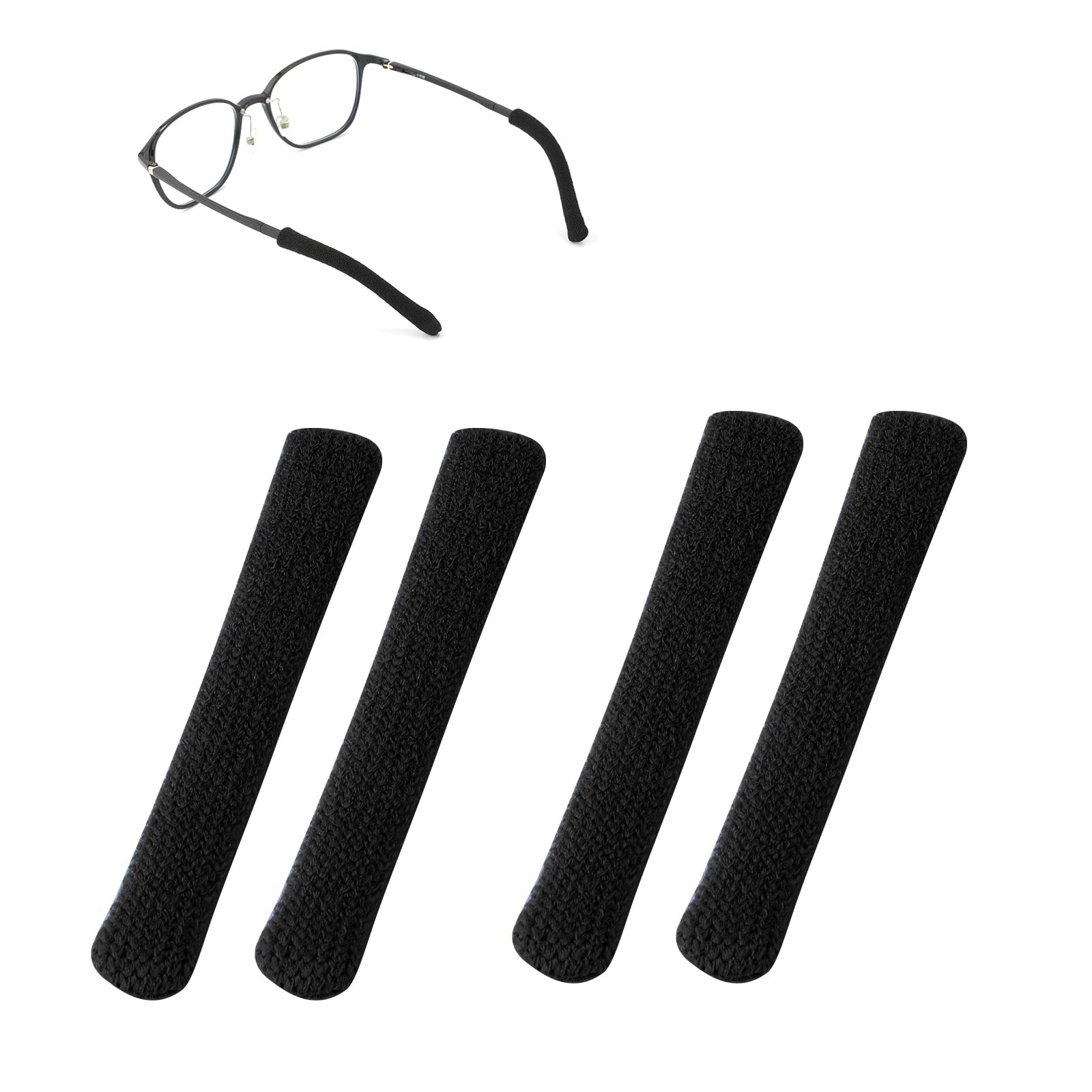 PEUTIER 4pcs Eyeglass Ear Cushions, Soft Knitted Cotton Anti Slip Temple Pads Eyeglass Temple Tips Sleeve Eye Glasses Ear Grippers Eyewear Retainer for Sunglasses, Glasses Accessories (Black)