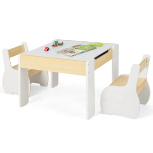 infans 3 in 1 kids table and chair set, wood multi activity table with removable tabletop storage, detachable blackboard for toddler playing drawing arts crafts,3 pcs children furniture