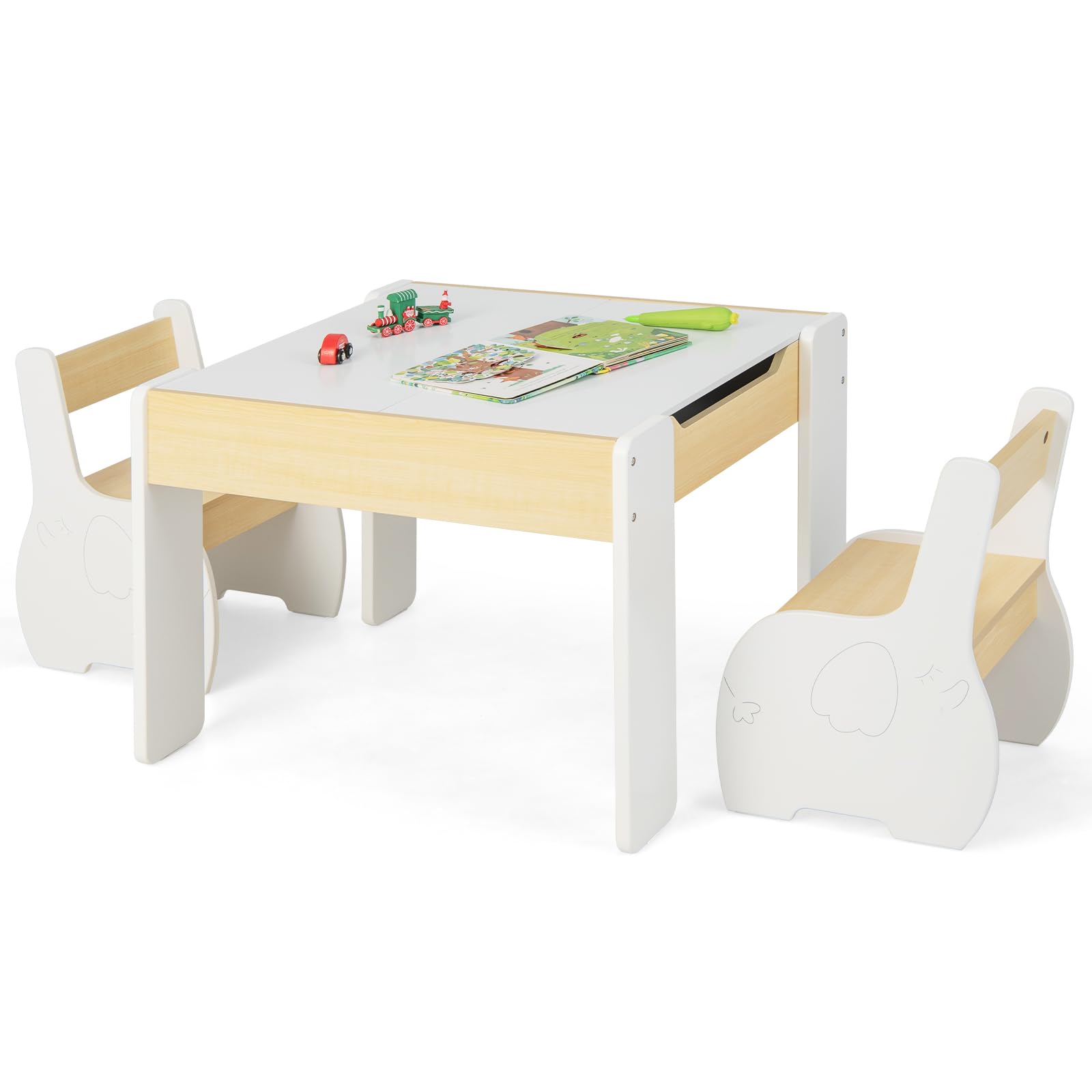 INFANS 3 in 1 Kids Table and Chair Set, Wood Multi Activity Table with Removable Tabletop Storage, Detachable Blackboard for Toddler Playing Drawing Arts Crafts,3 PCS Children Furniture