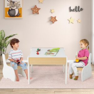 INFANS 3 in 1 Kids Table and Chair Set, Wood Multi Activity Table with Removable Tabletop Storage, Detachable Blackboard for Toddler Playing Drawing Arts Crafts,3 PCS Children Furniture