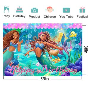 Little Mermaid 2023 Backdrop for Birthday Party Supplies Cartoon Black Mermaid Banner for Party Decorations Princess Ariel Baby Shower Photo Background 59x38in