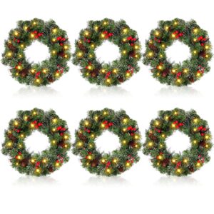 karenhi 6 pcs pre lit artificial christmas wreath 15 inch christmas wreaths for front door with warm white leds lights battery operated spruce lighted wreath for holiday party outdoor decorations