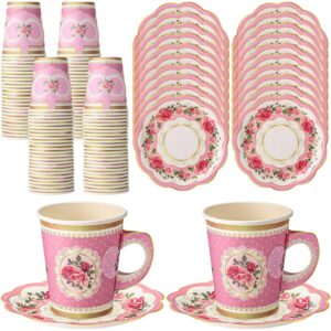 tioncy 100 pcs tea party decorations include 50 pieces 9 oz floral paper tea cups with handle and 50 plates disposable blossom teacups and saucers sets for girls birthday (floral)