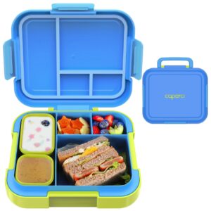 caperci bento lunch box for kids - large 4.8 cups lunch container with 2 modular containers - 4 compartments, leak-proof, portable handle, microwave/dishwasher safe (blue/juicy pear)